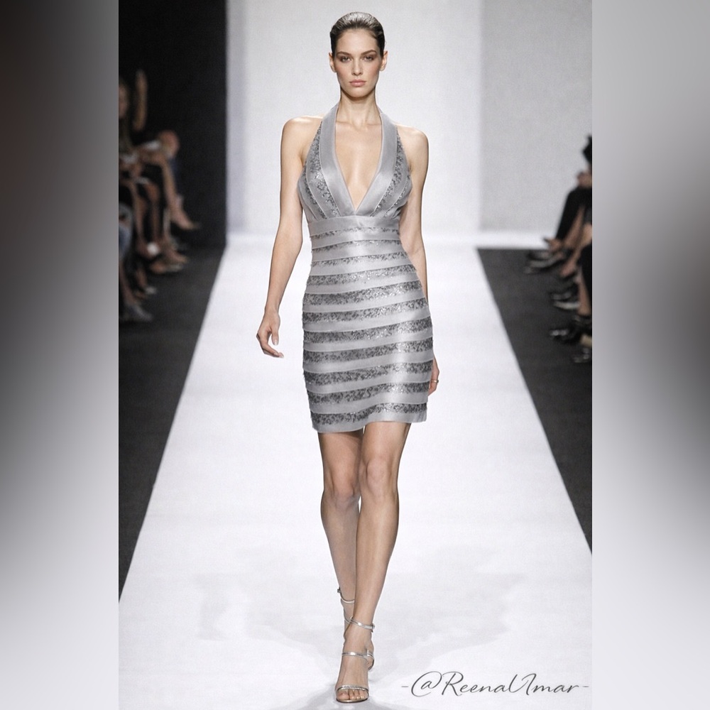 BCBGMaxAzria “Vivica” Silver Gray Halter Sequin Mini Dress